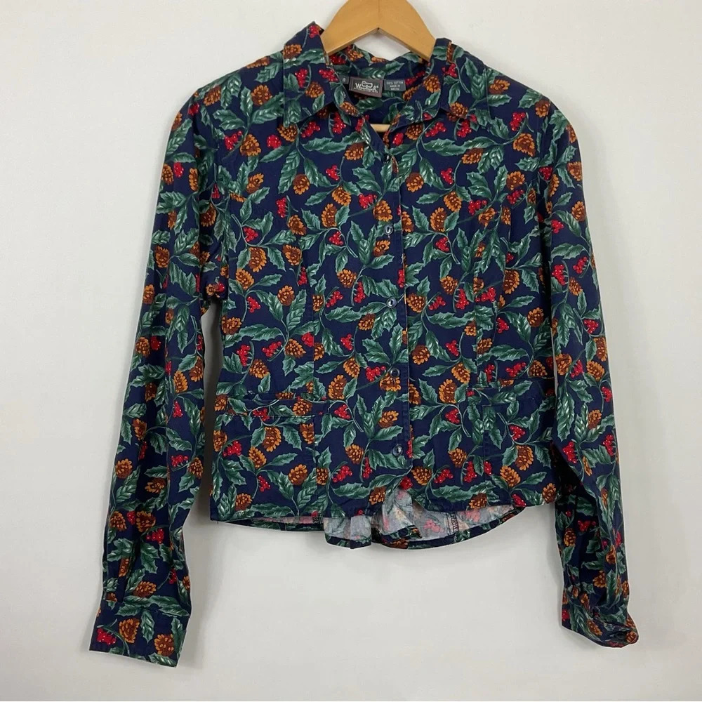 Vintage Woolrich Pinecone Holly Cranberry Button Front‎ Top Size 8